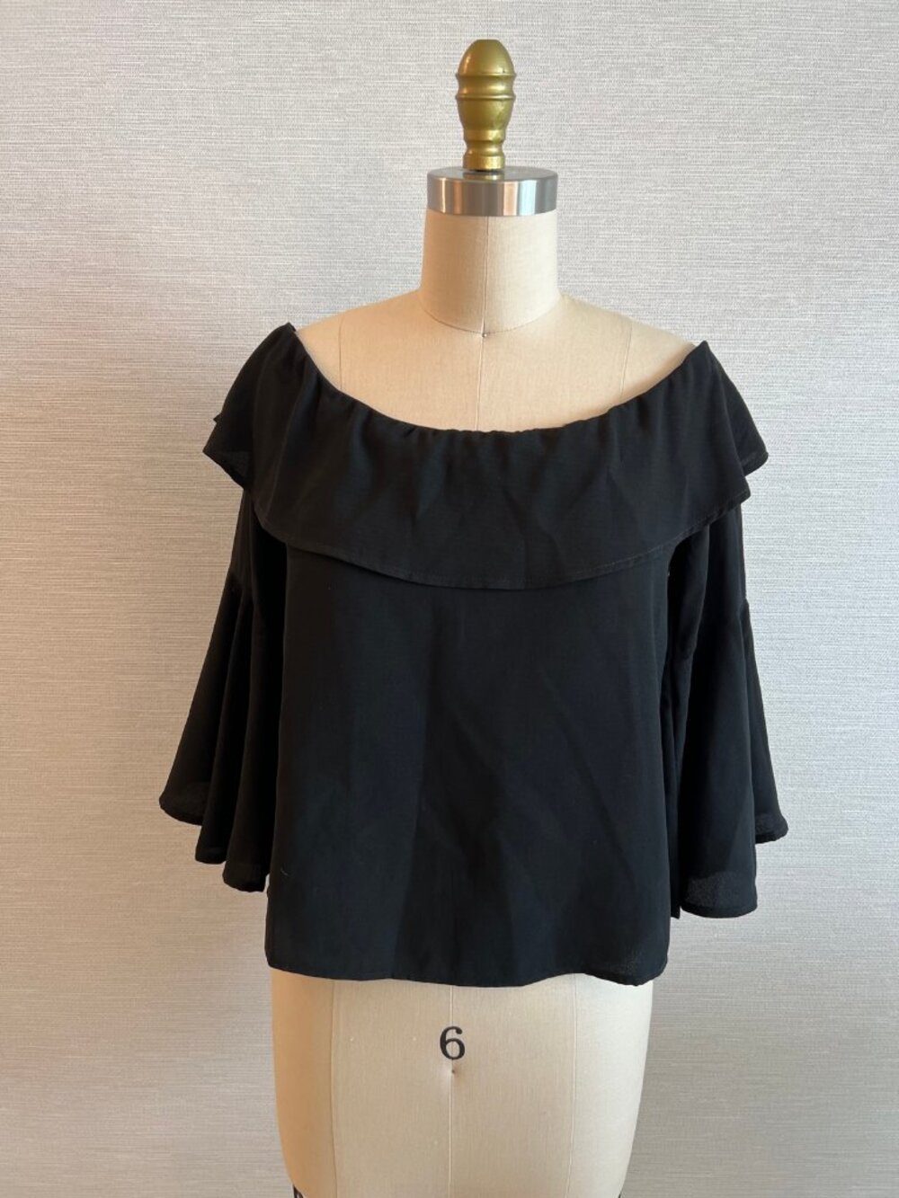 Armed Imogen Black Off Shoulder Blouse Ruffle Neck Bell Sleeve Back Zip M